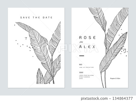 Minimalist wedding invitation card template design, heliconia leaves line art ink drawing on white 134864377