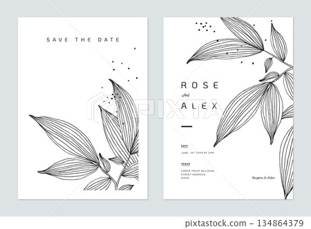 Minimalist wedding invitation card template design, leaves line art ink drawing on white 134864379