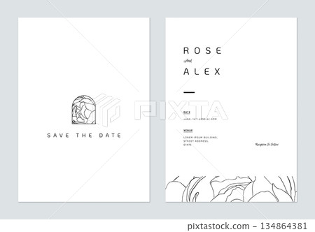 Minimalist wedding invitation card template design, flower line art ink drawing on white Minimalist wedding invitation card template design, flower line art ink drawing on white 134864381