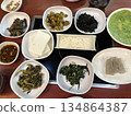 Traditional Korean Side Dishes Set Including Tofu, Seaweed, Namul, and More for Healthy Authentic Korean Cuisine Stock Photos 134864387