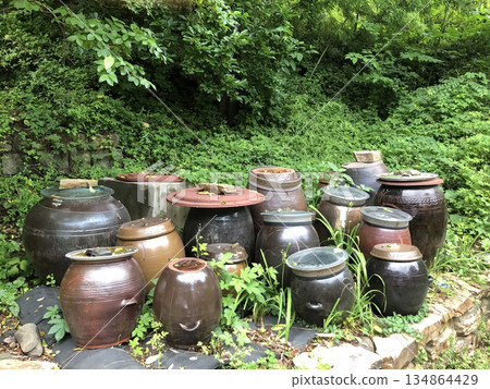Traditional Korean Onggi Pottery Jars for Fermentation of Kimchi, Soybean Paste and Gochujang in a Rustic Outdoor Jar Stand Setting 134864429