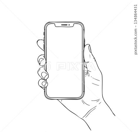 A hand holding a cell phone with a white background 134864431