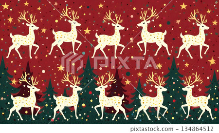 This minimalist pattern showcases clean white and gold reindeer silhouettes with twinkling stars and subtle snow swirls, arranged symmetrically on a deep emerald red background 134864512