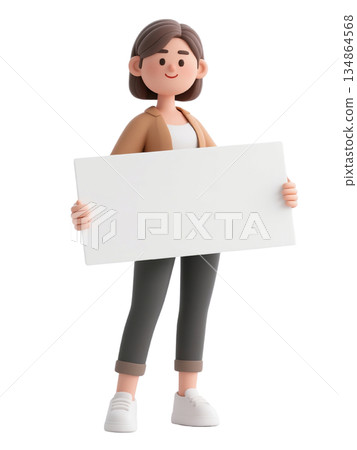 3D cartoon woman holding blank rectangular sign in casual outfit, isolated on white background, front angle pose 134864568