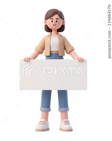 3D cartoon girl holding horizontal blank sign, smiling character in casual clothes, isolated on white background 3D cartoon girl holding horizontal blank sign, smiling character in casual clothes, isolated on white background 134864570