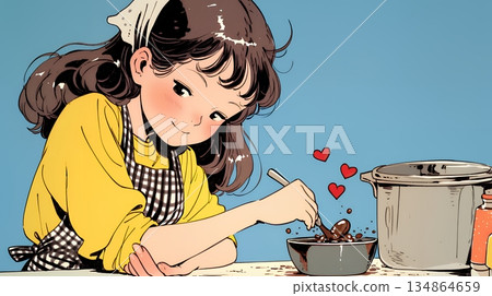 一位年輕女子正在努力製作情人節禮物——巧克力。 134864659