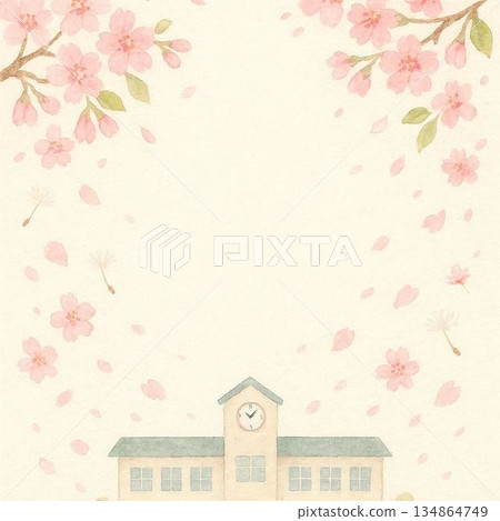 Cherry blossoms fluttering around the school building 134864749