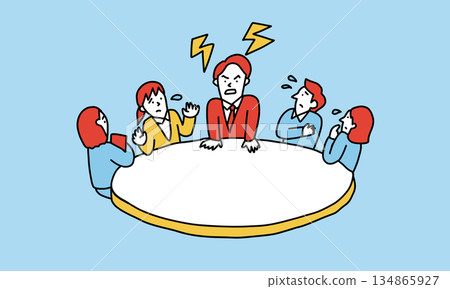 Illustration of a business team with a grumpy boss and coworkers who cannot openly exchange opinions 134865927