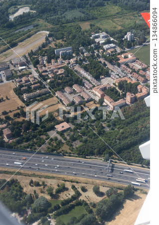 View from the airplane of A4 highway, Bologna, Italy 134866094