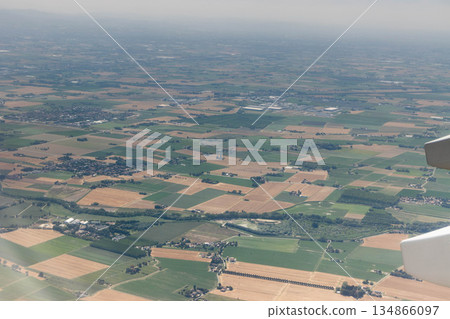 View from the plane of crop fiels at Longara e Lirone, Bologna, Italy View from the plane of crop fiels at Longara e Lirone, Bologna, Italy 134866097