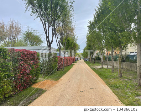 Modern prefabricated house from a typical Italian campsite, Ravenna. Italy Modern prefabricated house from a typical Italian campsite, Ravenna. Italy 134866102