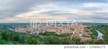 Panorama of Toledo old town and Rio Tajo river at sunset. 134866275