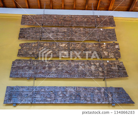 Ancient Carved Wooden Beams at Mezquita-Cathedral in Cordoba Spain. 134866283