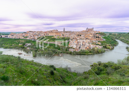 Panorama of Toledo old town and Rio Tajo river at sunset. Panorama of Toledo old town and Rio Tajo river at sunset. 134866311