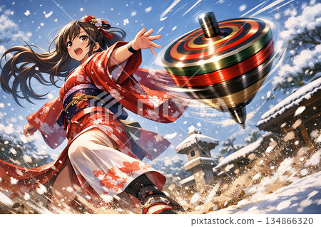 身著和服的美麗動漫少女向雪神社丟上衣 134866320