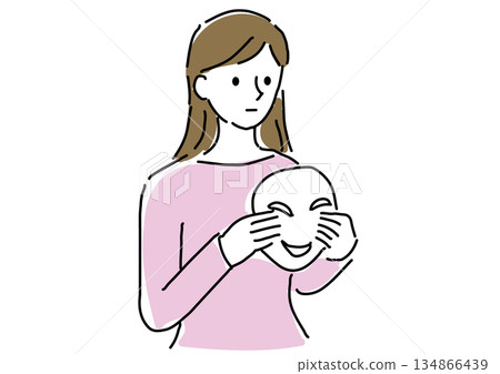 Hand-drawn line drawing of an expressionless woman removing a smiling mask 134866439