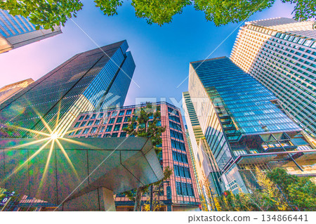 Tokyo cityscape in Japan: Red lights and brilliance... The business world divided into light and dark. A rare sight. Miraculous reflected light... Light and shadow... Otemachi at the end of the year 134866441