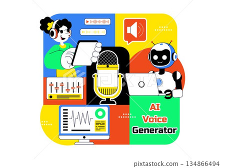 AI Voice Generator Tools Vector Illustration for Digital Audio Technology, Speech Synthesis, and Modern Artificial Intelligence Solutions Background 134866494