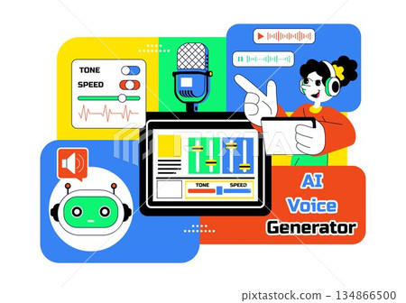 AI Voice Generator Tools Vector Illustration for Digital Audio Technology, Speech Synthesis, and Modern Artificial Intelligence Solutions Background AI Voice Generator Tools Vector Illustration for Digital Audio Technology, Speech Synthesis, and Modern Artificial Intelligence Solutions Background 134866500