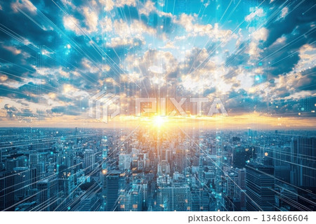 Retro Futuristic City Skyline with Neon Colors and Synthwave Aesthetic at Sunset 134866604