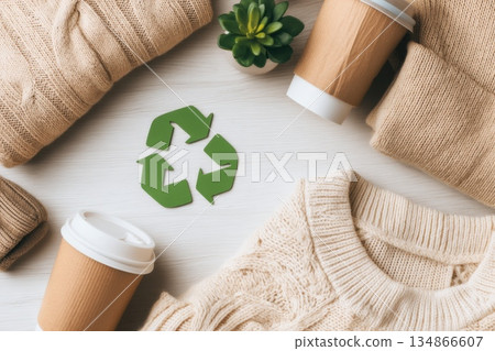 Upcycled Lifestyle Flat Lay with Recycled Materials and Sustainable Fashion Elements 134866607