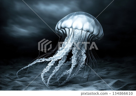 Surreal Desert Landscape Featuring Giant Jellyfish Drifting Through a Mysterious Atmosphere Surreal Desert Landscape Featuring Giant Jellyfish Drifting Through a Mysterious Atmosphere 134866610