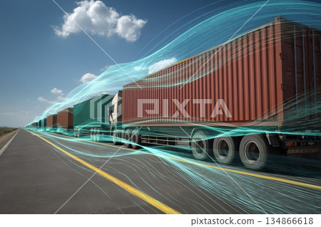 Digital Overlay of Freight Containers Loaded on Trucks with Motion Lines in Landscape 134866618