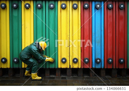 Worker in Safety Jacket and Insulated Gloves Handling Equipment with Colorful Background Worker in Safety Jacket and Insulated Gloves Handling Equipment with Colorful Background 134866631