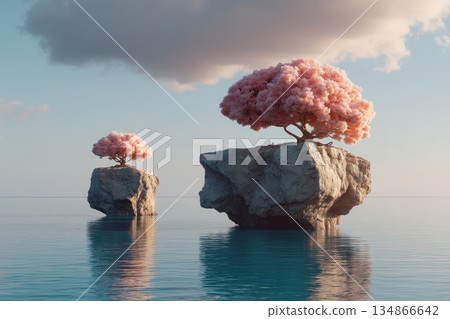 Floating Islands with Neural Network Shapes Surrounded by Calm Water and Pink Clouds Floating Islands with Neural Network Shapes Surrounded by Calm Water and Pink Clouds 134866642
