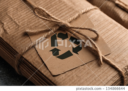 Close Up of Biodegradable Packaging for Fashion Items with Eco-Friendly Symbol Close Up of Biodegradable Packaging for Fashion Items with Eco-Friendly Symbol 134866644
