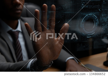 User Hand Interacting with Holographic Interface in Modern Workspace Setting User Hand Interacting with Holographic Interface in Modern Workspace Setting 134866652