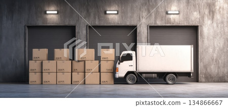 Small Modern Warehouse Scene with White Truck and Stacked Boxes Ready for Shipping Small Modern Warehouse Scene with White Truck and Stacked Boxes Ready for Shipping 134866667