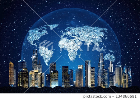 Digital Skyline with Glowing Aurora and World Map Under a Starry Night Background Digital Skyline with Glowing Aurora and World Map Under a Starry Night Background 134866681