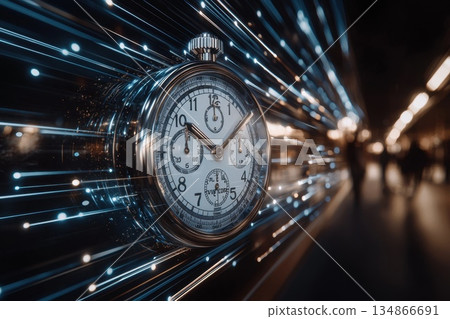 High-Speed Stopwatch Surrounded by Digital Data Stream with Blurred Background 134866691