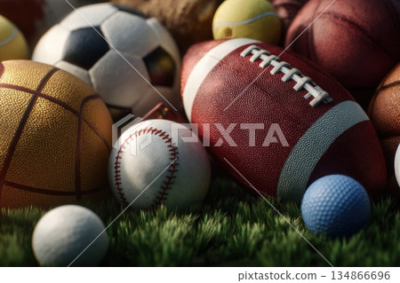 Assorted Sports Balls Gathered Together on Grass in a Cinematic Side View Display 134866696