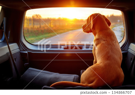 Dog Enjoys Scenic Nature View from Trunk of Car during Golden Sunset over Open Road Dog Enjoys Scenic Nature View from Trunk of Car during Golden Sunset over Open Road 134866707