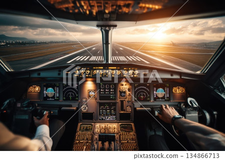 Dramatic Wide Angle Shot of Modern Aircraft Cockpit During Takeoff at Sunset Dramatic Wide Angle Shot of Modern Aircraft Cockpit During Takeoff at Sunset 134866713