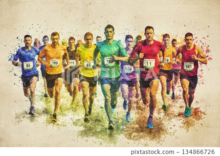 Colorful Artistic Promotion Poster for Marathon Event Featuring Runners in Motion 134866726