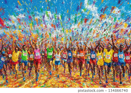 High Energy Marathon Celebration with Colorful Swirling Confetti and Excited Runners High Energy Marathon Celebration with Colorful Swirling Confetti and Excited Runners 134866740