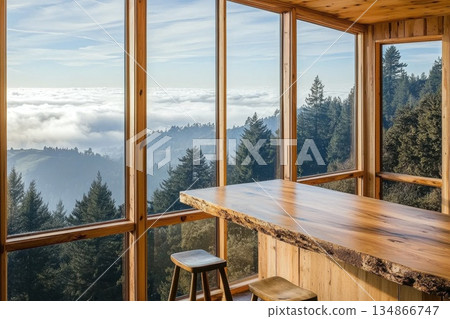 Minimalist Modern Wooden Counter with Stunning Hilltop View Over Clouds and Trees Minimalist Modern Wooden Counter with Stunning Hilltop View Over Clouds and Trees 134866747
