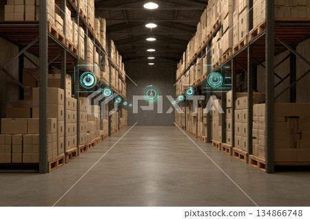 Modern Smart Warehouse Space with Soft Ambient Light and Illuminated Storage Areas 134866748