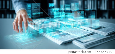Digital Legal Consultant Reviewing Case Files with Advanced Technology Overlay 134866749