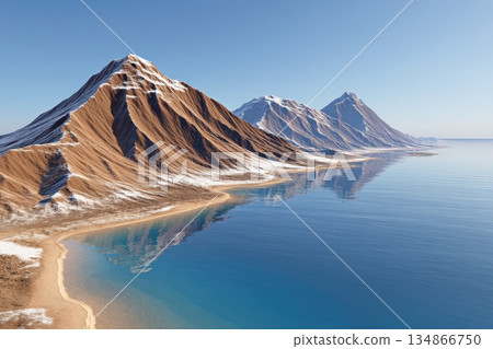 Serene Mountains Reflected in Crystal Clear Lake Under Bright Blue Sky Serene Mountains Reflected in Crystal Clear Lake Under Bright Blue Sky 134866750
