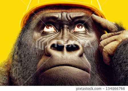 Thoughtful Gorilla in Bright Safety Vest and Helmet Under Yellow Background 134866766
