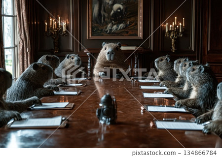 Chubby Capybara Sitting at the Center of a Roundtable in an Elegant Meeting Room 134866784