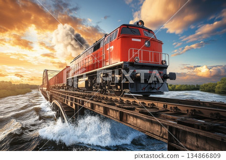 Freight Train Crossing Steel Bridge Over Vast River at Sunset with Dramatic Sky Freight Train Crossing Steel Bridge Over Vast River at Sunset with Dramatic Sky 134866809