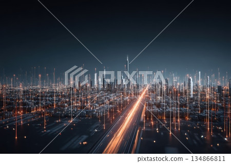 Glowing Data Streams Over a High-Tech Financial Hub in a Modern City Landscape Glowing Data Streams Over a High-Tech Financial Hub in a Modern City Landscape 134866811