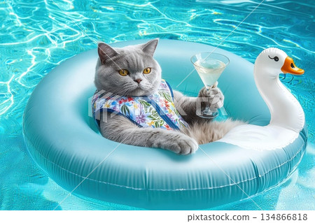 Fluffy British Shorthair Cat Relaxing in Pool with Cocktail on a Flamingo Float 134866818