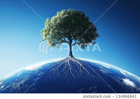 Surreal Futuristic Composition of a Tree with Roots on Earth in Blue Sky 134866841