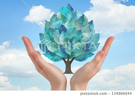 Hands Holding a Futuristic Tree Symbolizing Environmental Conservation 134866844
